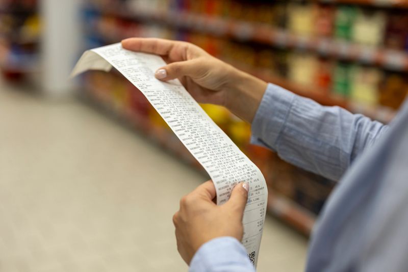 A person holding and reviewing a long supermarket receipt inside a grocery store aisle, highlighting rising costs, budgeting, and daily expenses in a retail shopping environment.
