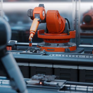 Orange robotic arm assembling electronics on a conveyor belt.