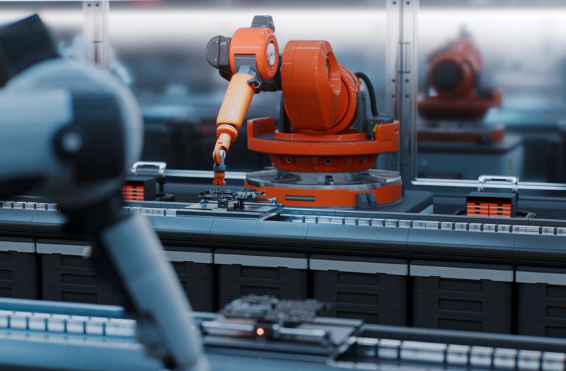 A bright orange robotic arm performs precise placement on a circuit board in a modern motherboard factory. Clean lines, machinery, and automated systems highlight high-tech manufacturing and automation.