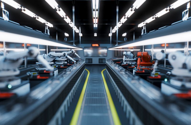 A sleek factory interior featuring robotic arms assembling electronics along twin conveyor belts under bright, overhead lighting, conveying automation, precision, and modern manufacturing efficiency.