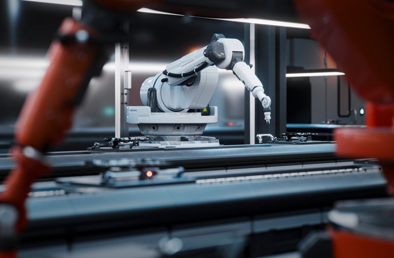 A sleek industrial robot arm operates over an automated assembly line in a high-tech factory, highlighting automation, precision, and modern manufacturing processes.