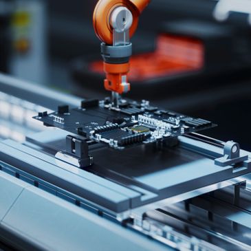 Robotic arm assembling a circuit board.