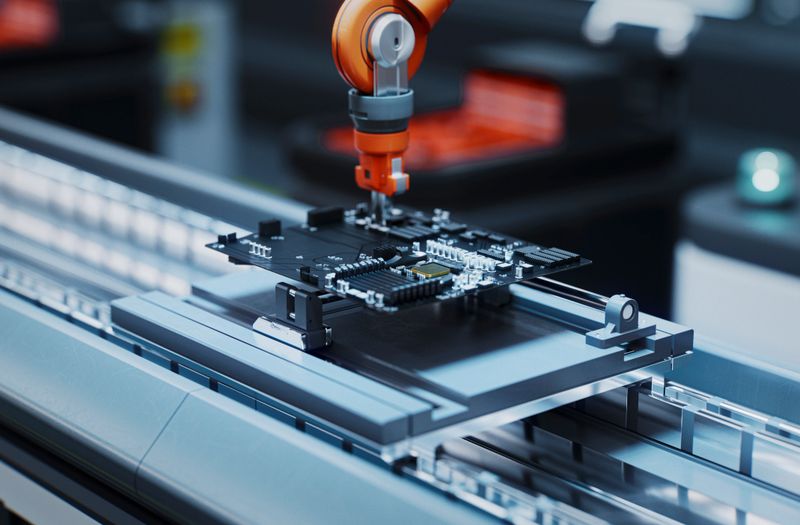 A precision robotic arm mounts a motherboard on an automated assembly line in a modern electronics factory, highlighting advanced manufacturing, tech, and efficiency.