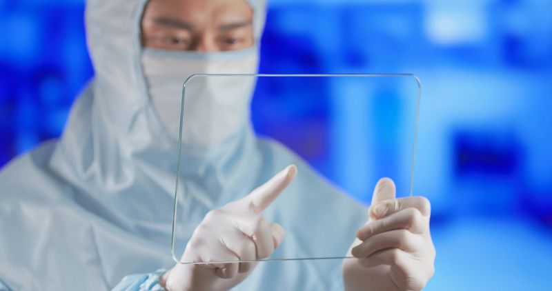 innovation technology concept - close up asian semiconductor engineer is pointing transparent virtual screen in factory clean room