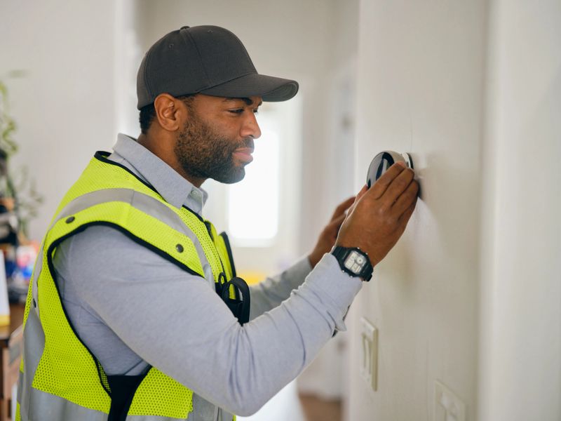 A home repairman installing a smart thermostat in a residential building.