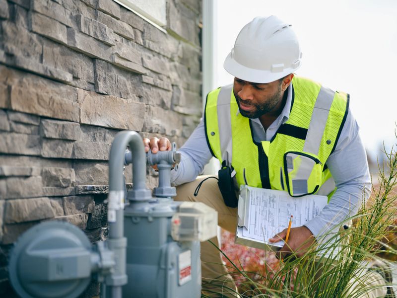 A technician examining and adjusting a natural gas meter on the exterior of a residential home.