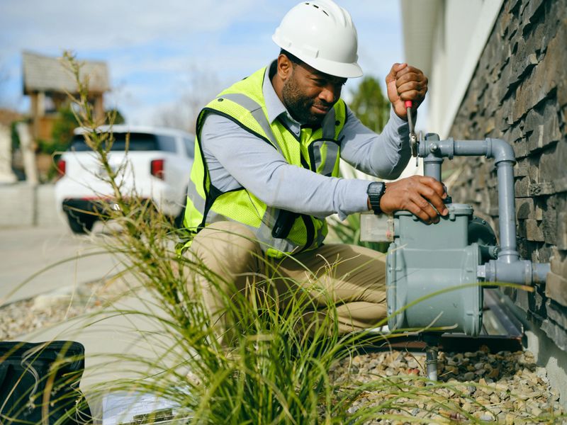 A technician examining and adjusting a natural gas meter on the exterior of a residential home.