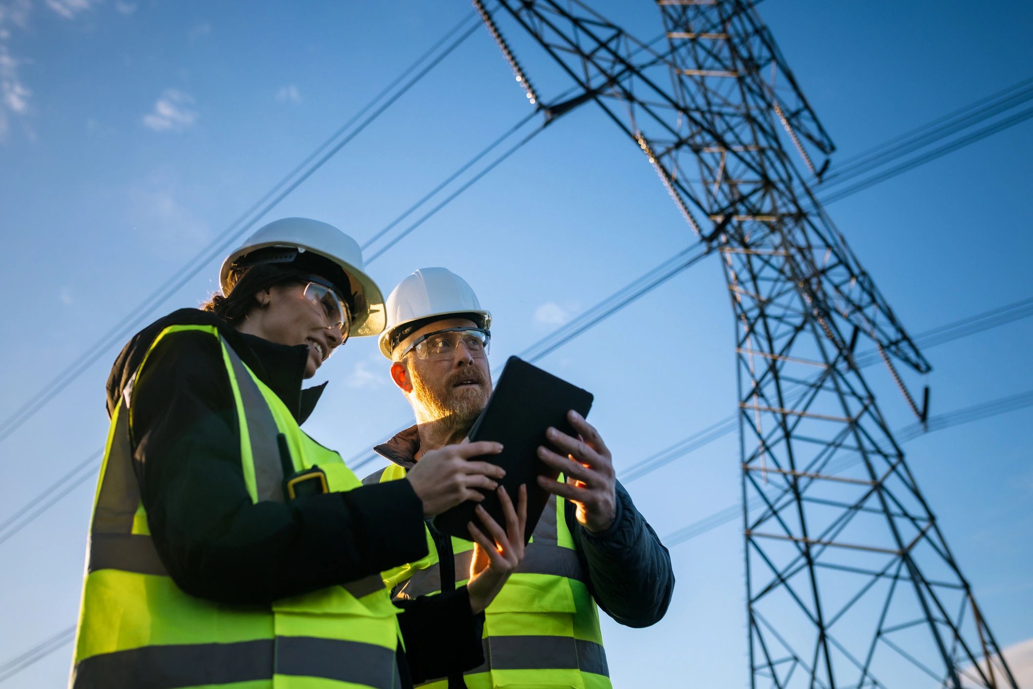 Two engineers inspecting power lines with a tablet.