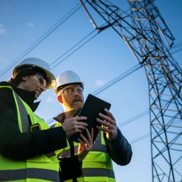 Two engineers inspecting electric power lines with a tablet.