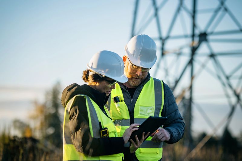 A Caucasian man and multiracial woman working as linemen examining the power grid, utilizing modern technology with a touchscreen tablet.  Hard working maintenance engineer career.  Shot in Washington state.