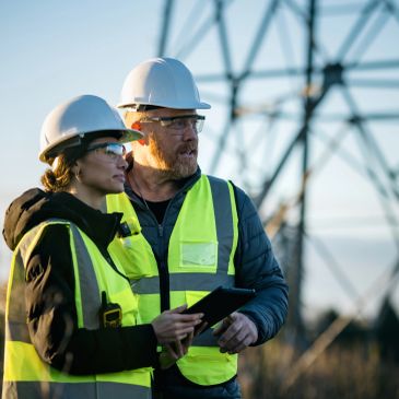 Two engineers wearing hard hats and reflective vests outdoors.