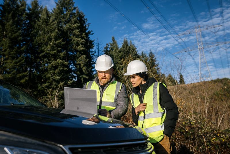 A Caucasian man and multiracial woman working as linemen examining the power grid, utilizing modern technology with a laptop propped up on their work vehicle.  Hard working maintenance engineer career.  Shot in Washington state.