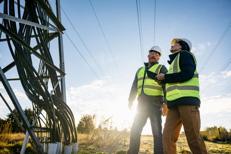 A Caucasian man and multiracial woman working as linemen examining the power grid, utilizing modern technology with a touchscreen tablet.  Hard working maintenance engineer career.  Shot in Washington state.