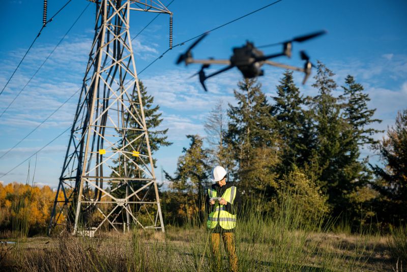 A multiracial woman working as a lineman examining the power grid, utilizing modern technology with a drone for line inspection.  Hard working maintenance engineer career.  Shot in Washington state.