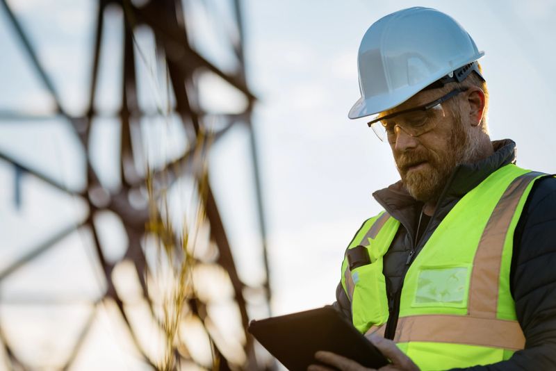 A Caucausan man working as a lineman examining the power grid, utilizing modern technology with a touchscreen tablet.  Hard working maintenance engineer career.  Shot in Washington state.