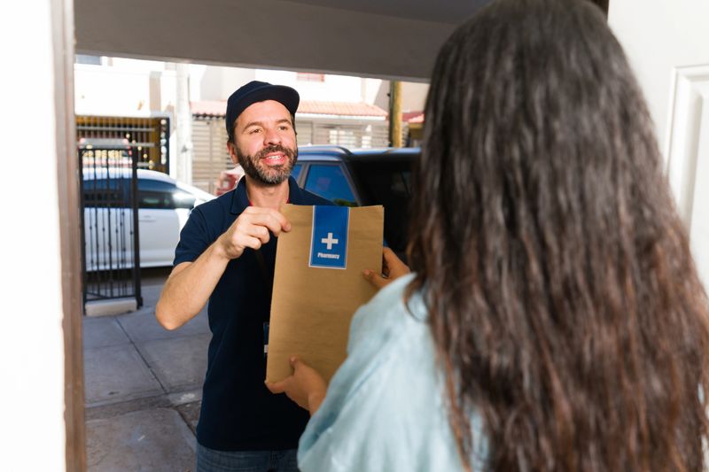 Courier man handing a pharmacy medicine package to a woman at her home entrance, providing convenient healthcare service