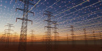 Power lines at sunset with digital network overlay.
