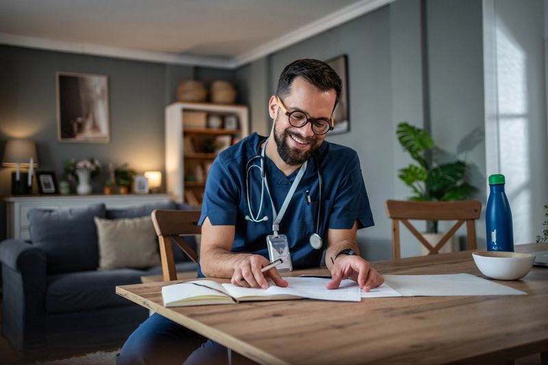 Happy male doctor in scrubs and stethoscope studies paperwork at a bright home office desk, smiling while preparing for telemedicine consultations and remote learning