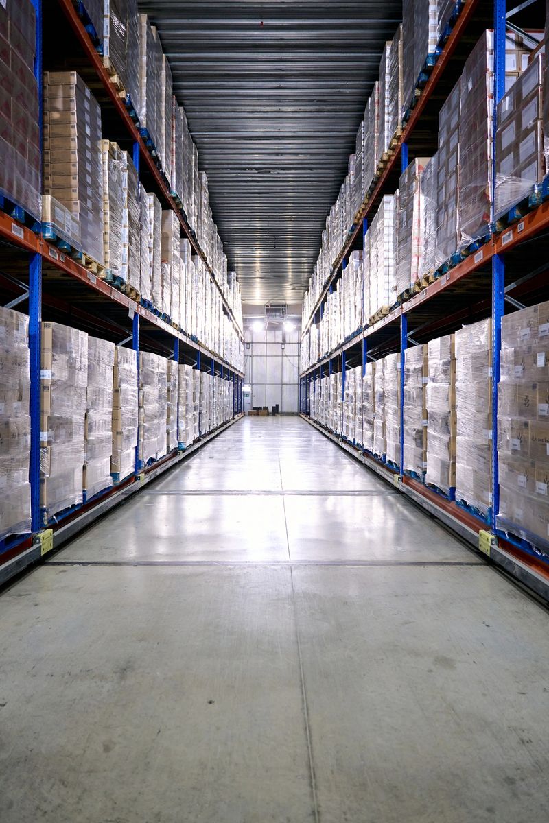 Warehouse aisle featuring tall racking systems stocked with pallets of goods, representing cold chain logistics and inventory control