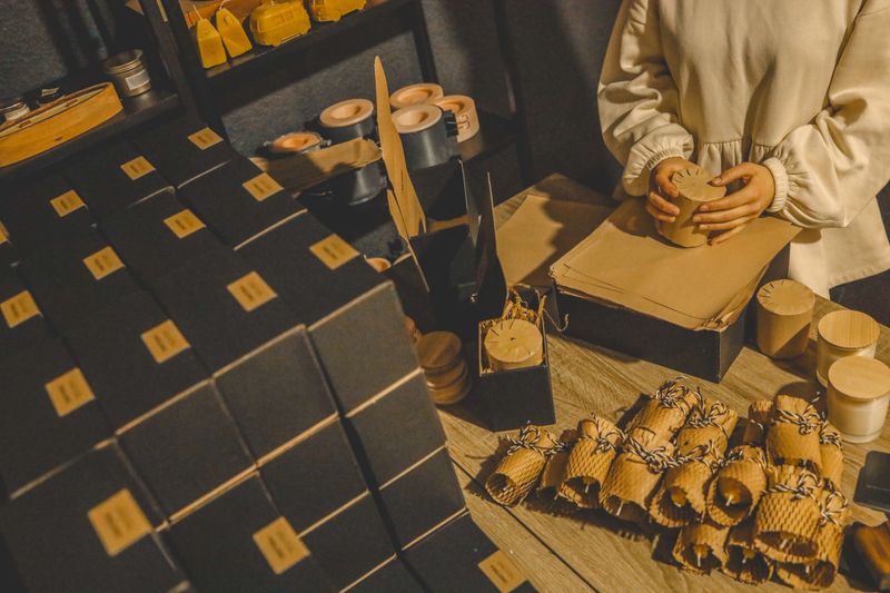 A person carefully packages handmade candles, showcasing the care and attention to detail in the process