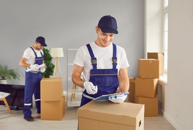Team of a young happy cheerful professional male workers of moving service in overalls working in new apartment delivering cardboard boxes. Move, moving day and relocation concept.
