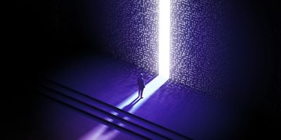 A person stands before a tall, glowing doorway emitting bright light and binary code.