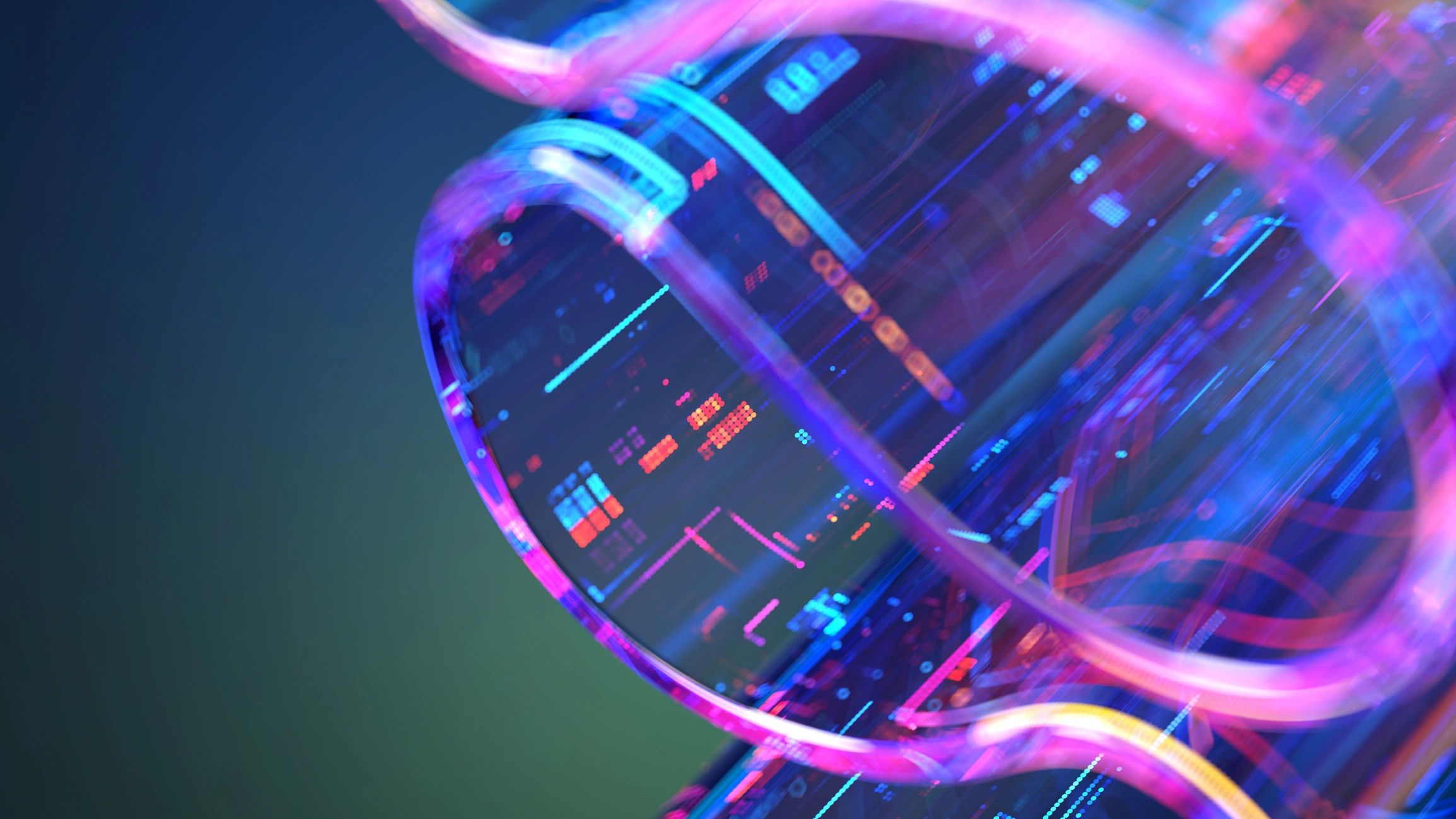 Colorful digital DNA helix with neon blue and pink lights.