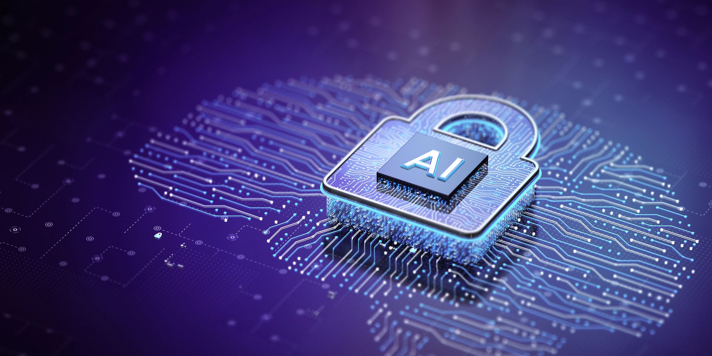 Digital lock with AI chip on a circuit board symbolizing AI security.