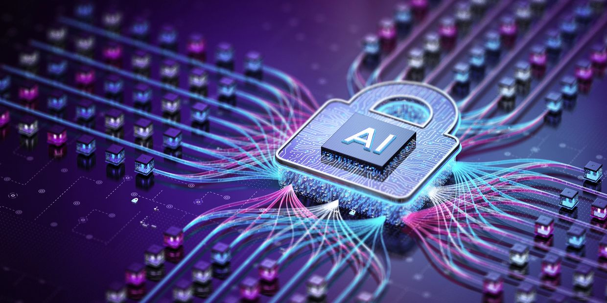 Digital lock with AI chip symbolizing cybersecurity and AI integration.