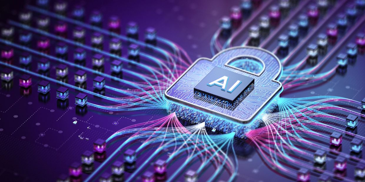 Digital AI padlock symbolizing cybersecurity and data protection.
