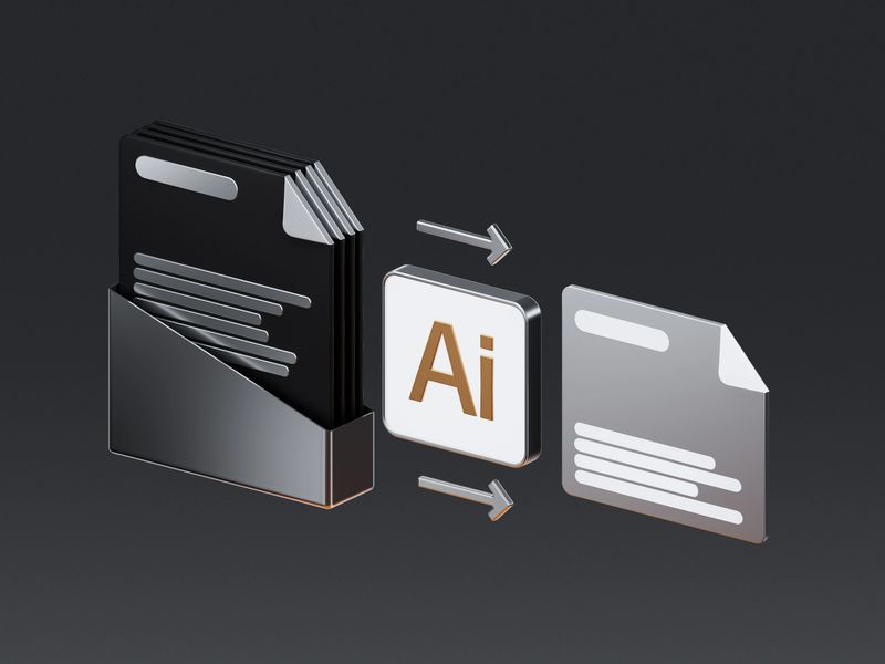 3D icon of an AI system analyzing and transforming documents, representing text processing, summarization, content extraction and automated document analysis.