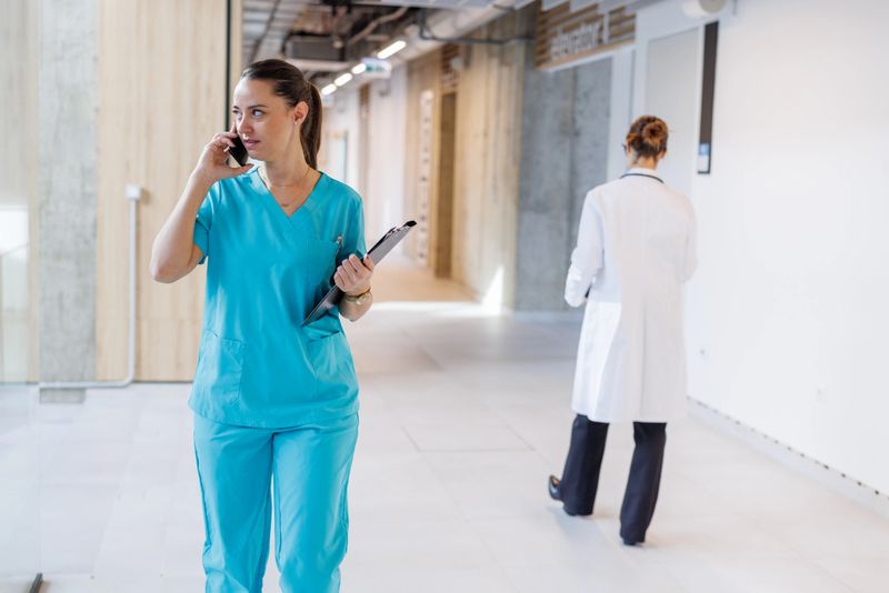 Healthcare professional in scrubs talking on smartphone in busy hospital corridor
