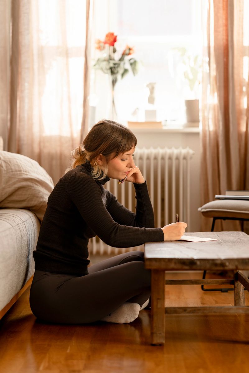 A woman in a black turtleneck writes in a notebook on a rustic wooden table, seated on the floor beside a sofa. Warm, natural light fills a quiet, comfortable living space.