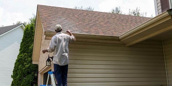 Man inspecting or repairing house gutters on a ladder.