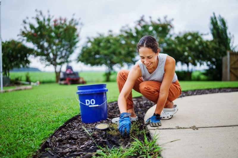 A smiling Eurasian woman squats to pull weeds from a garden bed lining the entry walkway of her suburban home on a cloudy summer day.