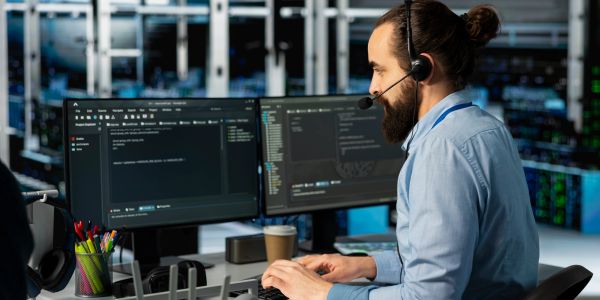 Man with headset working on coding at dual monitors in a tech office.