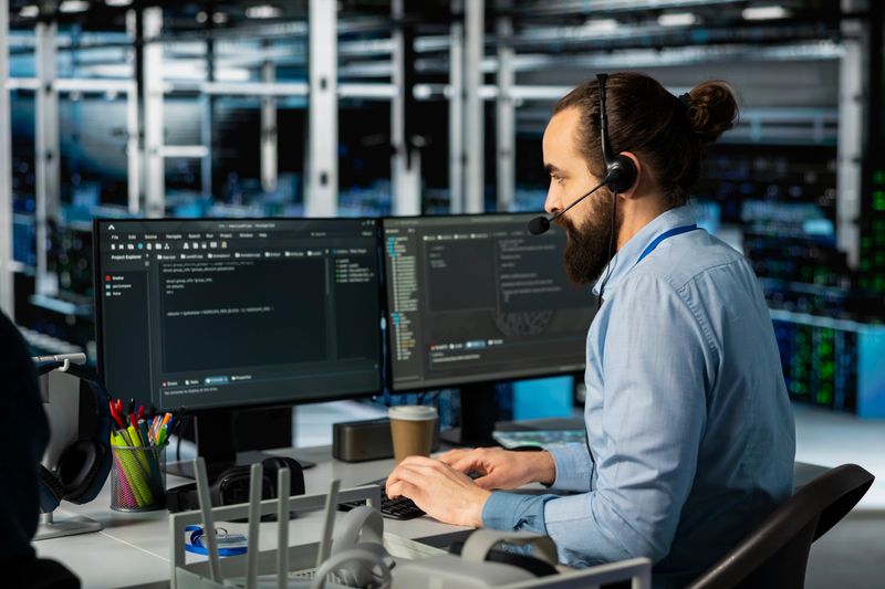 Man doing tech support in server room, managing large scale IT infrastructure rackmounts. Data center admin speaking in headset mic, deploying servers and doing maintenance on network hardware