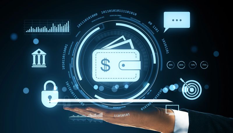 Digital wallet icon on virtual interface above hand, glowing light elements on dark background, concept of blockchain and secure transactions