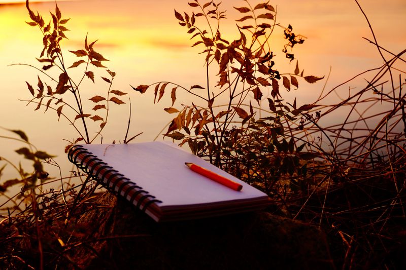 Outdoor journal writing concept with spiral notebook and pencil resting on rocky landscape natural surroundings of foliage near calm water at sunset.