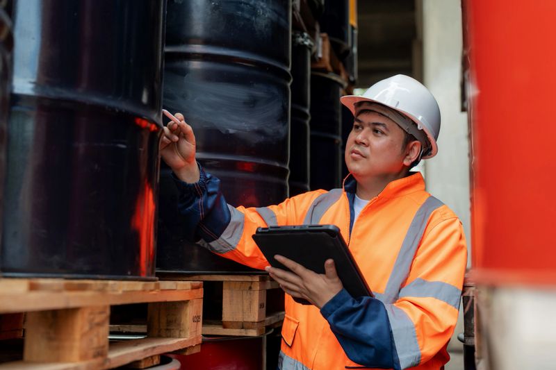 An engineer walks through a distribution warehouse examining drum containers and checking quantities while updating data on a digital tablet. The scene reflects modern industry teamwork safety awareness hazardous substances control quality inspection and efficient storage operations.