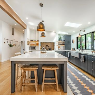 Modern kitchen with island, wooden stools, and pendant lights.