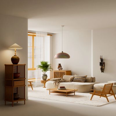 Minimalist living room with neutral tones and wooden accents.