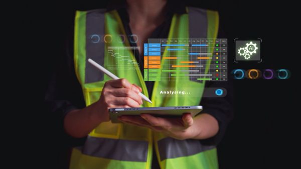 Person in safety vest holding tablet with data visualization.