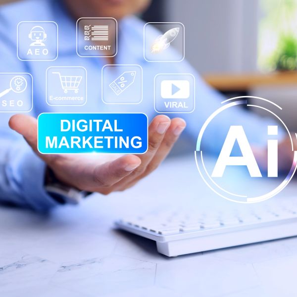 Hand presenting digital marketing and AI icons with a keyboard in the background.