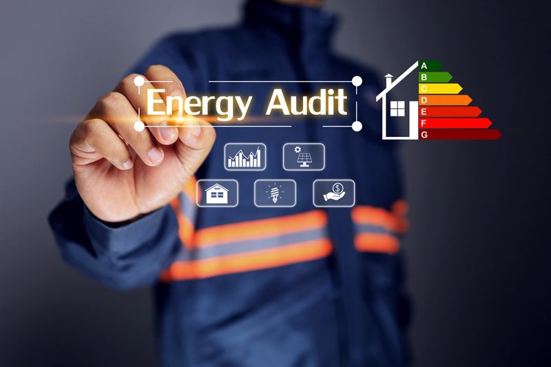 energy audit concept with auditor pointing on infographic to define energy rating for household appliance electric power consumption for energy efficiency label