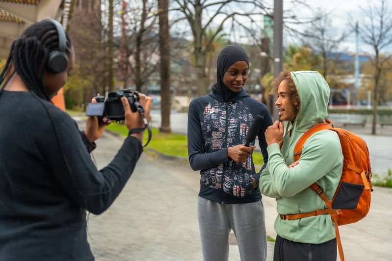 Diverse young adults are filming an interview outdoors, capturing a thoughtful male student's perspective with a microphone and camera, highlighting youth news reporting and urban journalism