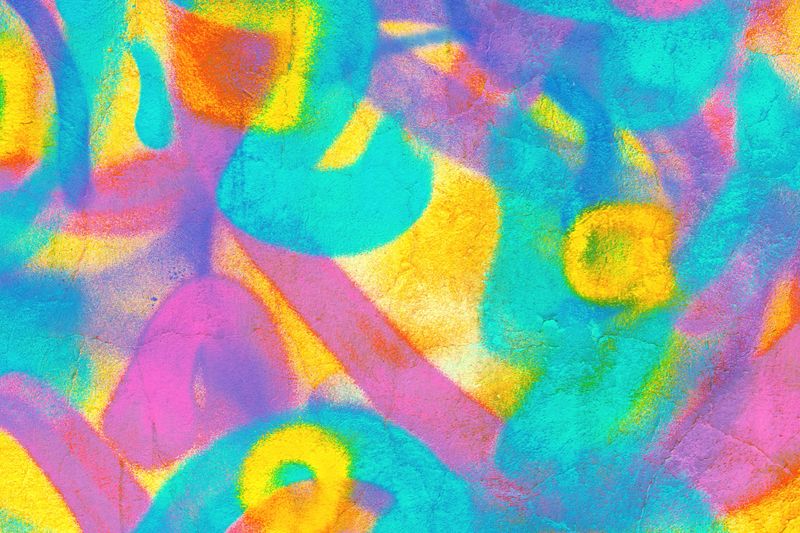 Graffiti swirl pattern in neon blue, pink, yellow. Funky 80s, street art vibe, vibrant colors, abstract texture. Urban design, posters, murals, digital art, vibrant street visuals.