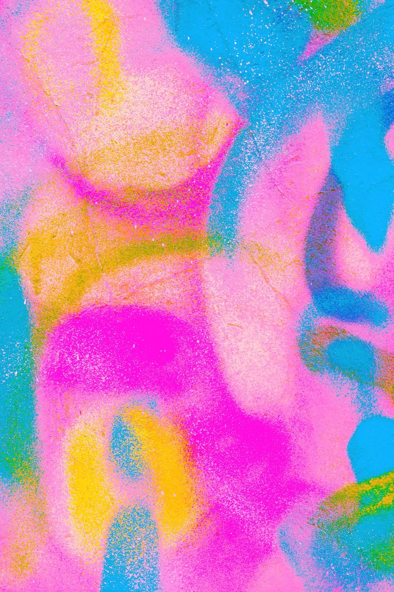 Vibrant abstract texture with neon pink, blue, yellow colors. 80s, Y2K aesthetic, psychedelic vibes, paint-like texture. Posters, digital art, social media, modern 90s, 2000s visuals.