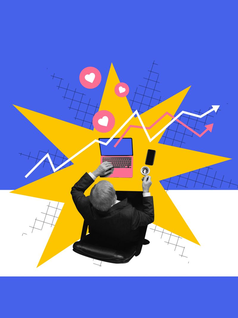 Expressive collage. Man at desk with charts rising from screen and hearts above. Concept of analytics, social growth, business insight, and digital performance tracking.