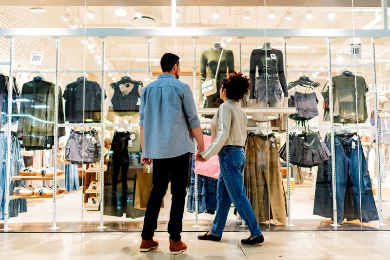 Couple walking through shopping mall